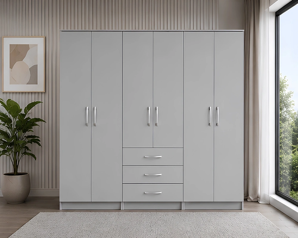 Spacious Off Grey 6 Door Wardrobe with Generous Storage Drawers 6 Door Wardrobe with 3 Storage Drawers Stylish and Functional Bedroom Furniture - Image 1