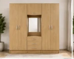 Natural Oak 6 Door Wardrobe – Elegant Mirror & Drawer Combination