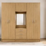 Natural Oak 6 Door Wardrobe – Elegant Mirror & Drawer Combination