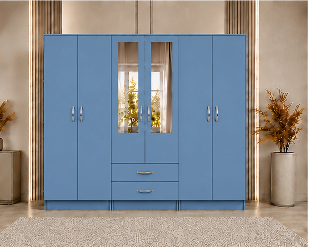 Stylish 6 Door Mirrored Closet for Modern Bedroom Interiors Premium 6 Door Bedroom Wardrobe with Smart Storage Design - Image 1
