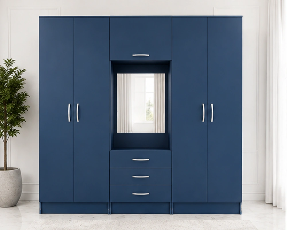 Stylish 6 Door Wardrobe for Bedroom Ocean Blue 6 Door Wardrobe with Centre Mirror – Stylish Bedroom Storage - Image 1