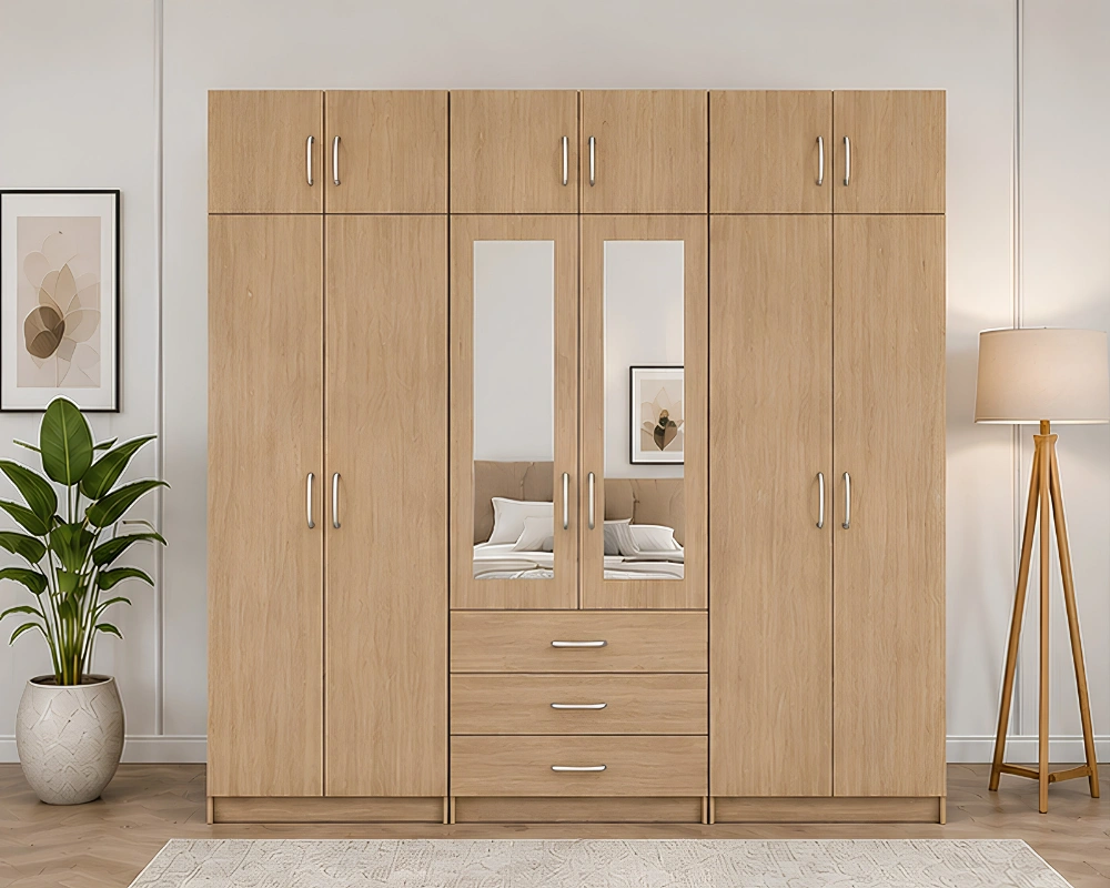 Stylish 6 Door Wardrobe with Twin Mirrors & Bottom Drawers Premium 6 Door Wardrobe with Double Mirrors Generous Storage & 6 Bottom Drawers - Image 1