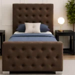 Premium Brown Upholstered Single Bed with Crystal Button Headboard-90 × 190 cm Bed