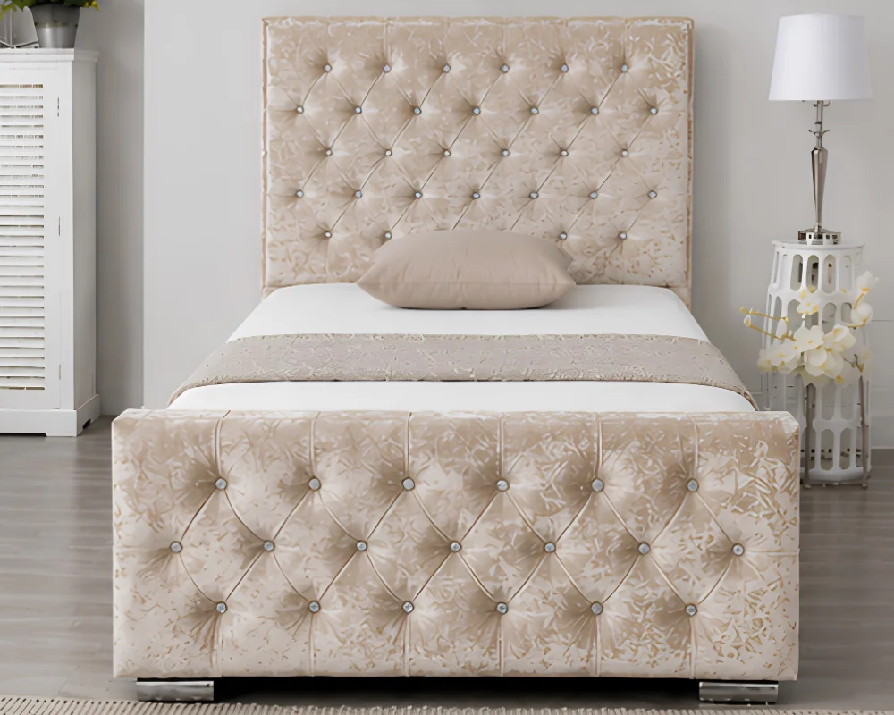 Stylish Bed with a Soft Beige Headboard Luxury Soft Beige Florida Single Bed with Mattress -Crystal Button 3ft Bed - Image 1
