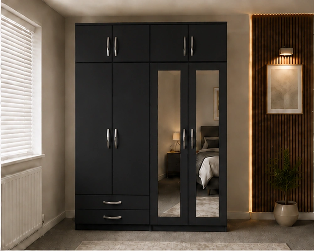 Stylish Closet Storage 4 Door Mirrored Wardrobe with 4 Drawers – Stylish Bedroom Furniture - Image 1