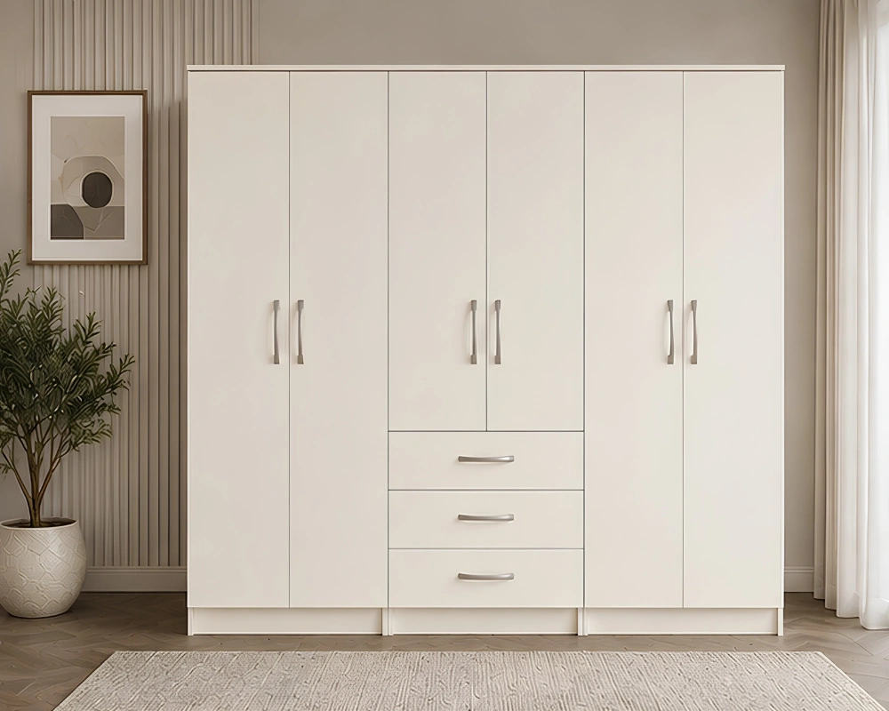 Stylish Grey 6 Door Storage Wardrobe with Bottom Drawers Modern 6 Door Wardrobe with 3 Drawers Spacious Bedroom Storage Wardrobe - Image 1