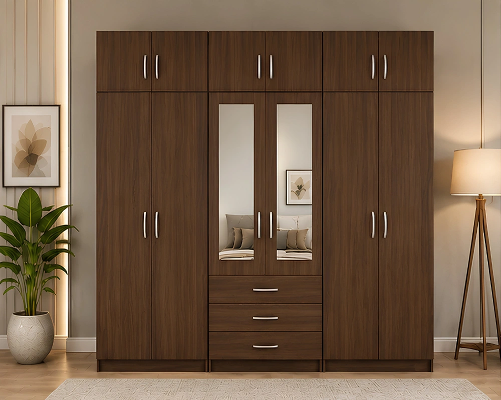 Stylish Oak 6 Door Wardrobe with Mirrors and Spacious Drawers Large 6 Door Bedroom Wardrobe 2 Full-Length Mirrors & 6 Drawers - Image 1