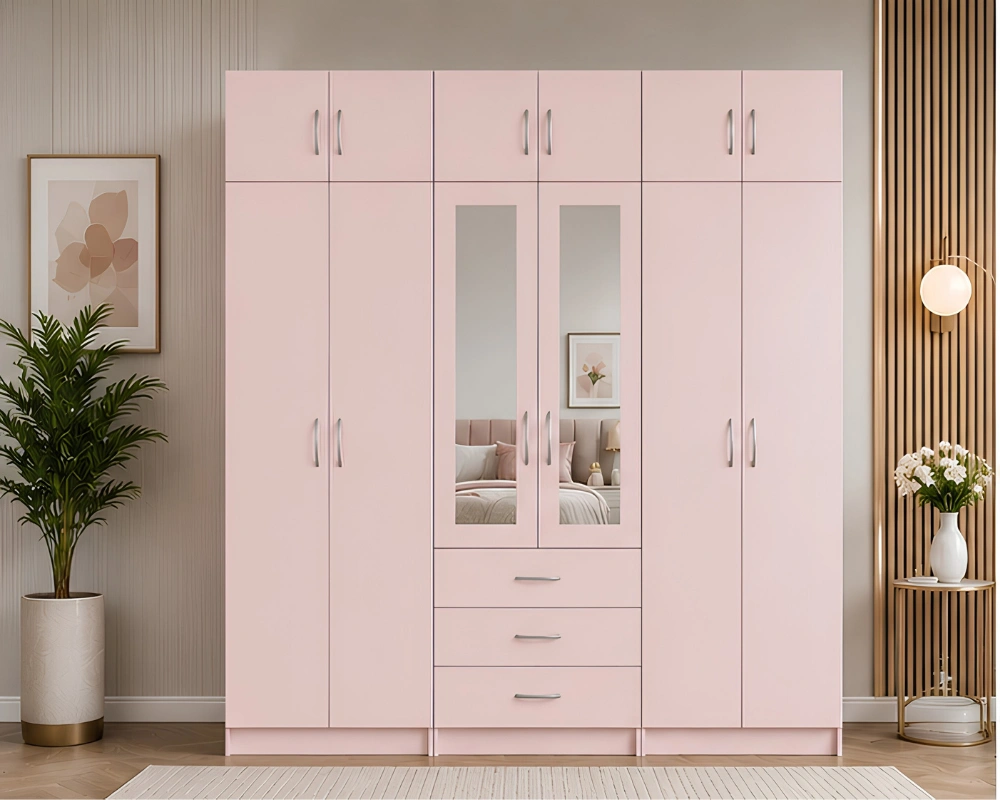 Stylish Pink Bedroom Wardrobe with 6 Doors & 2 Mirrors Modern Bedroom Storage Wardrobe 6 Doors, 2 Mirrors & 6 Drawers - Image 1