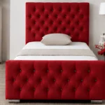 Premium Red Upholstered Single Bed with Crystal Button Headboard-Single Bed with Mattress