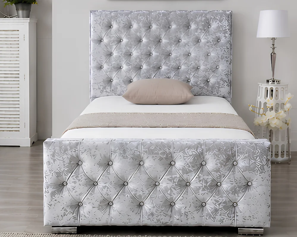 Stylish Silver Upholstered Bed Frame Luxury Silver Florida Single Bed with Mattress- Crystal Button 3ft Bed - Image 1
