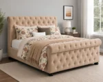 Modern Beige Sleigh King Size Bed Frame-Luxury 5ft Bed