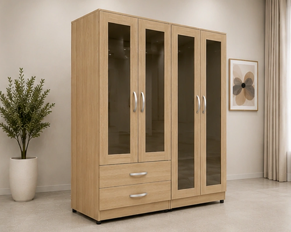 Stylish Wardrobe with Integrated Drawers Modern Bedroom Wardrobe with 4 Doors, 4 Integrated Mirrors and 2 Practical Storage Drawers - Image 1