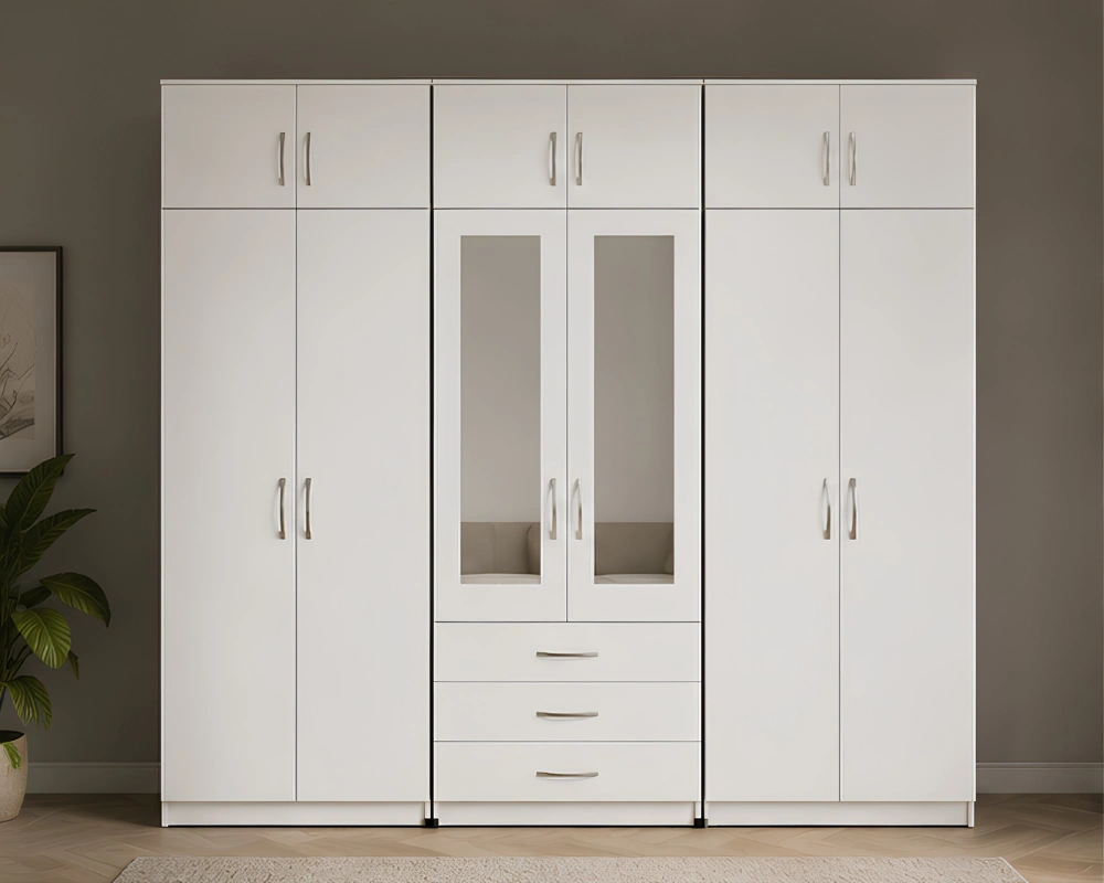 Stylish White 6 Door Wardrobe with Mirrors and Spacious Drawers Modern 6 Door Wardrobe with 2 Mirrors Spacious Storage with 6 Drawers - Image 1