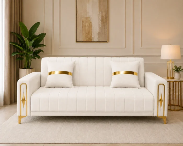 Luxury Turkish Sofa bed – Cream Colour 3 Seater Sofa with Gold Accents