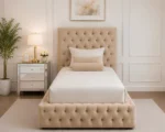 Elegant Champagne Beige Ambassador Bed – Stylish 90×190 cm Single Bed with Mattress