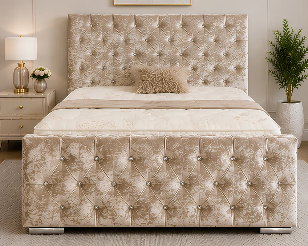 Tufted Headboard Bed Design Glamorous Button-Tufted Double Bed – Champagne 160×200cm - Image 1