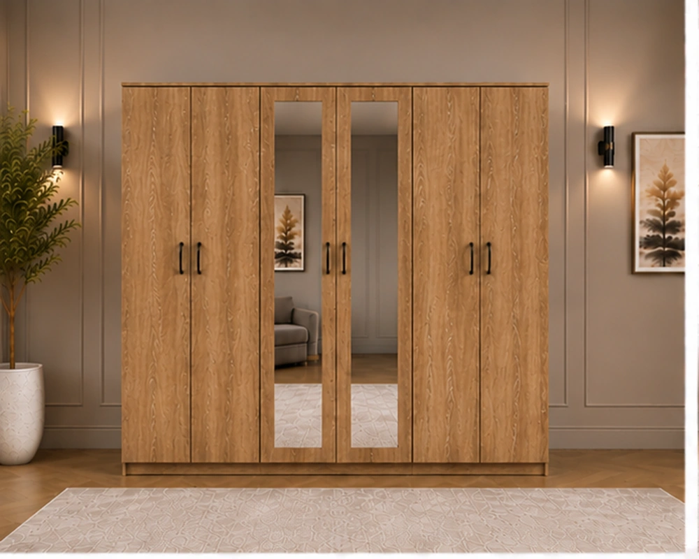 Walnut 6-Door Front View Modern Light Natural Wood 6 Door Wardrobe with Mirrors Spacious Bedroom Storage - Custom Colours & Sizes Available - Image 1