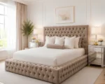 Sophisticated Warm Beige Velvet King Bed – Padded Headboard & Footboard