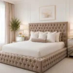 Sophisticated Warm Beige Velvet King Bed – Padded Headboard & Footboard