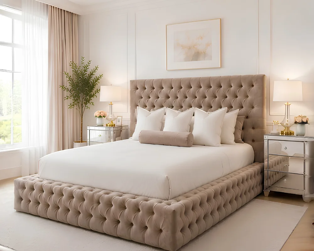 Warm Beige Comfort bed Sophisticated Warm Beige Velvet King Bed – Padded Headboard & Footboard - Image 1