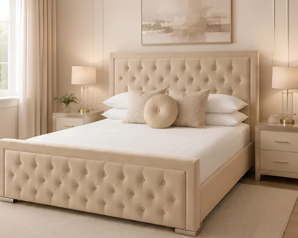 Warm Neutral Bed for a Modern Space Luxury Beige Hilton 6ft Bed with Mattress – 200 × 200 cm Upholstered Super King - Image 1