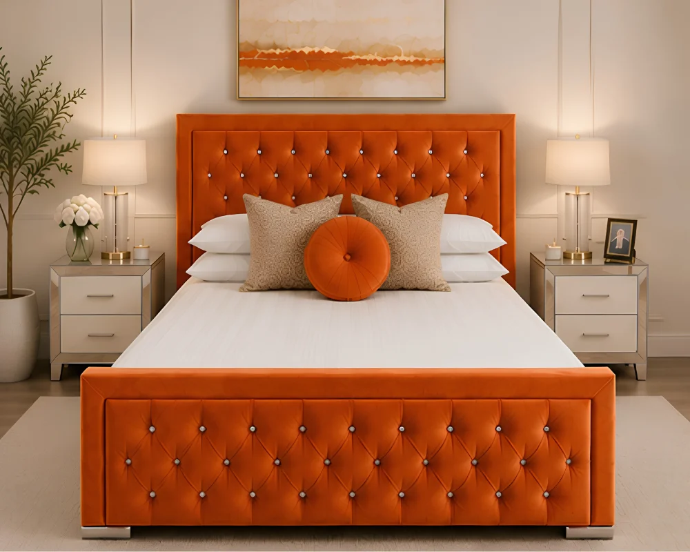 Warm Orange Bed with a Clean Look Terracotta Orange Hilton Bed Frame – Premium Upholstered Double Bed 160×200 cm - Image 1