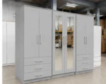 Modern 6 Door Light Grey Wardrobe with 6 Drawers & Double Mirrors  –  Stylish Bedroom Storage