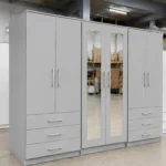 Modern 6 Door Light Grey Wardrobe with 6 Drawers & Double Mirrors  –  Stylish Bedroom Storage
