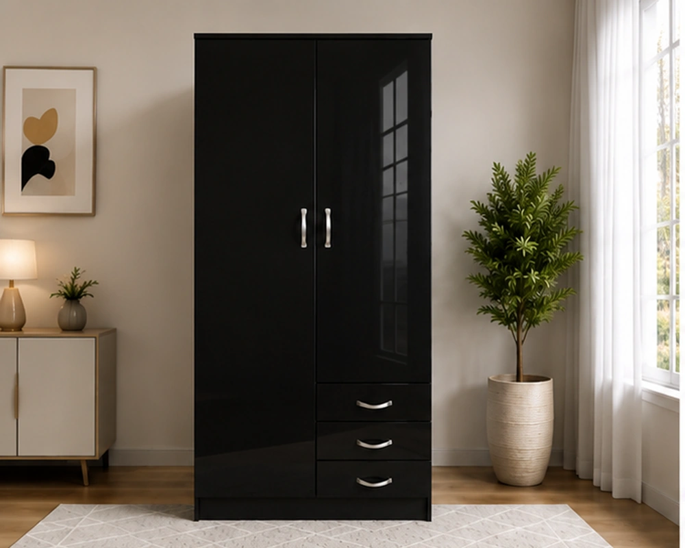 01_front_black Black Haven 2-Door Wardrobe with 3 Drawers – Modern Bedroom Storage - Image 1