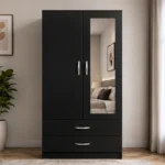 Sleek Black Wardrobe Cabinet with Mirror & 2 Drawers – Modern Space-Saving Design