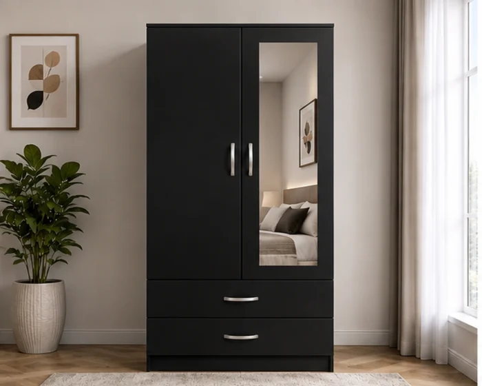 Sleek Black Wardrobe Cabinet with Mirror & 2 Drawers – Modern Space-Saving Design