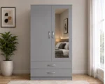 Modern Grey Wardrobe with Mirror and Drawers – Stylish Bedroom Storage