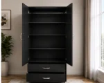 Sleek Black Wardrobe Cabinet with Mirror & 2 Drawers – Modern Space-Saving Design - Image 3