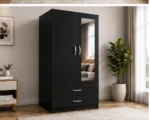 Sleek Black Wardrobe Cabinet with Mirror & 2 Drawers – Modern Space-Saving Design - Image 2