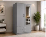 Modern Grey Wardrobe with Mirror and Drawers – Stylish Bedroom Storage - Image 2