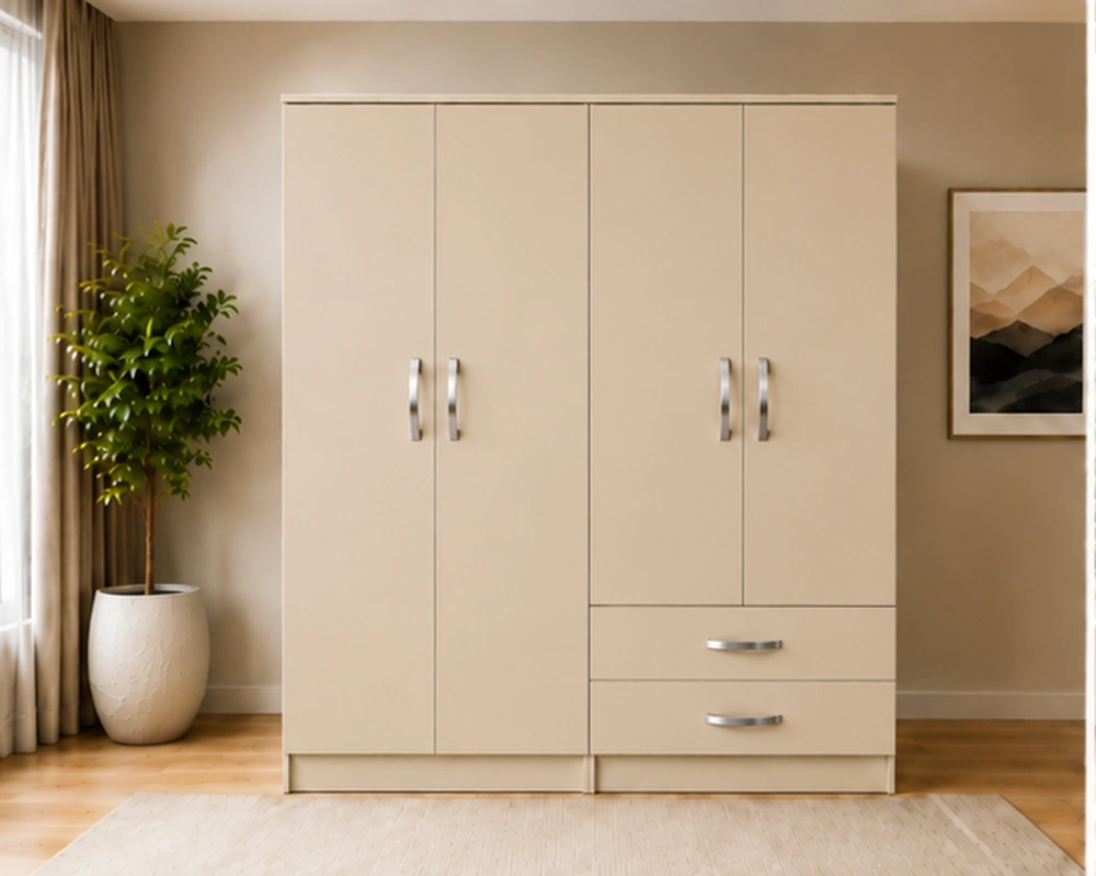 4 Door Wardrobe for Bedroom Clothes Storage Cream Beige 4 Door Wardrobe – Contemporary Storage with Drawers - Image 1