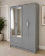 Pearl Grey 4 Door Wardrobe – Modern Mirrored Storage– Spacious Mirrored Storage - Image 5