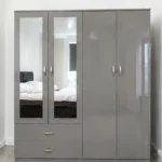 Pearl Grey 4 Door Wardrobe – Modern Mirrored Storage– Spacious Mirrored Storage