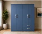 Deep Blue Bedroom Wardrobe – Stylish Four Door Design with Drawers