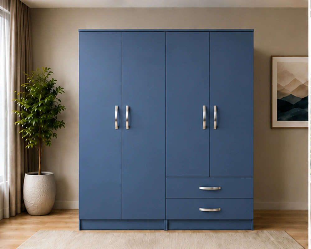 Sleek 4 Door Wardrobe for Modern Homes Deep Blue Bedroom Wardrobe – Stylish Four Door Design with Drawers - Image 1