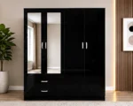 Modern Black 4 Door Wardrobe with 2 Mirrors & 2 Drawers– Modern Bedroom Furniture