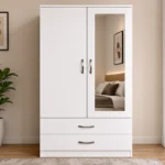 Modern 2 Door Wardrobe with Mirror and Drawers – White Bedroom Storage Furniture