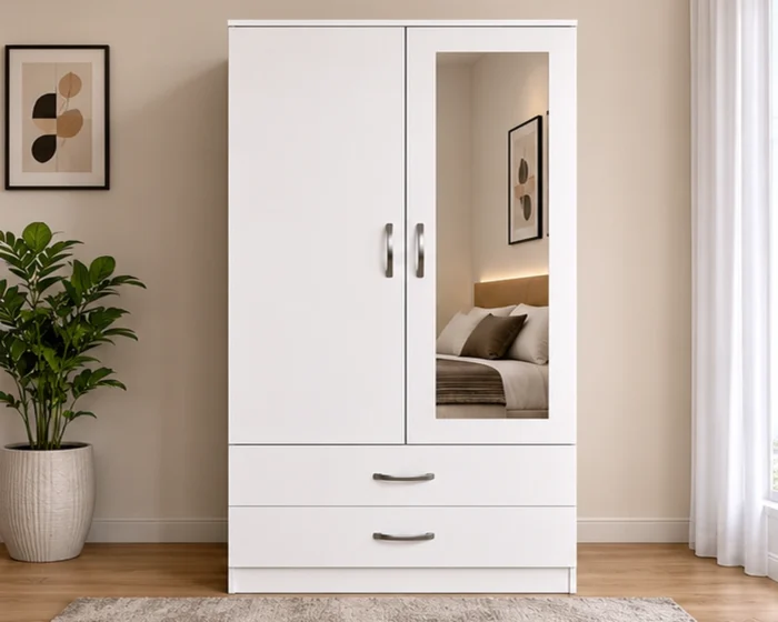 Modern 2 Door Wardrobe with Mirror and Drawers – White Bedroom Storage Furniture