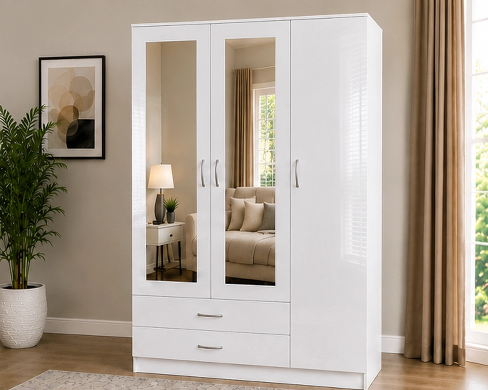 white 3 door wardrobe Contemporary White 3 Door Wardrobe – Spacious Storage– 3 Doors, 2 Mirrors & 2 Drawers - Image 1