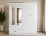 Lumière White 4 Door Wardrobe – Mirrored Storage Collection– Stylish Storage with Drawers