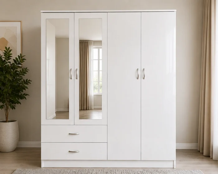 Lumière White 4 Door Wardrobe – Mirrored Storage Collection– Stylish Storage with Drawers